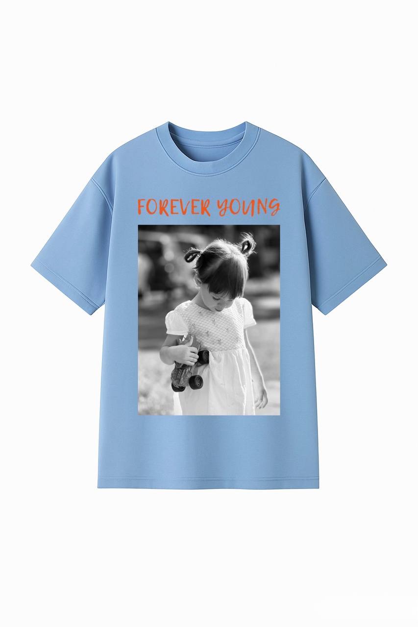 ФУТБОЛКА ОВЕРСАЙЗ БЛАКИТНА З ПРИНТОМ "ДИТЯЧЕ ФОТО"