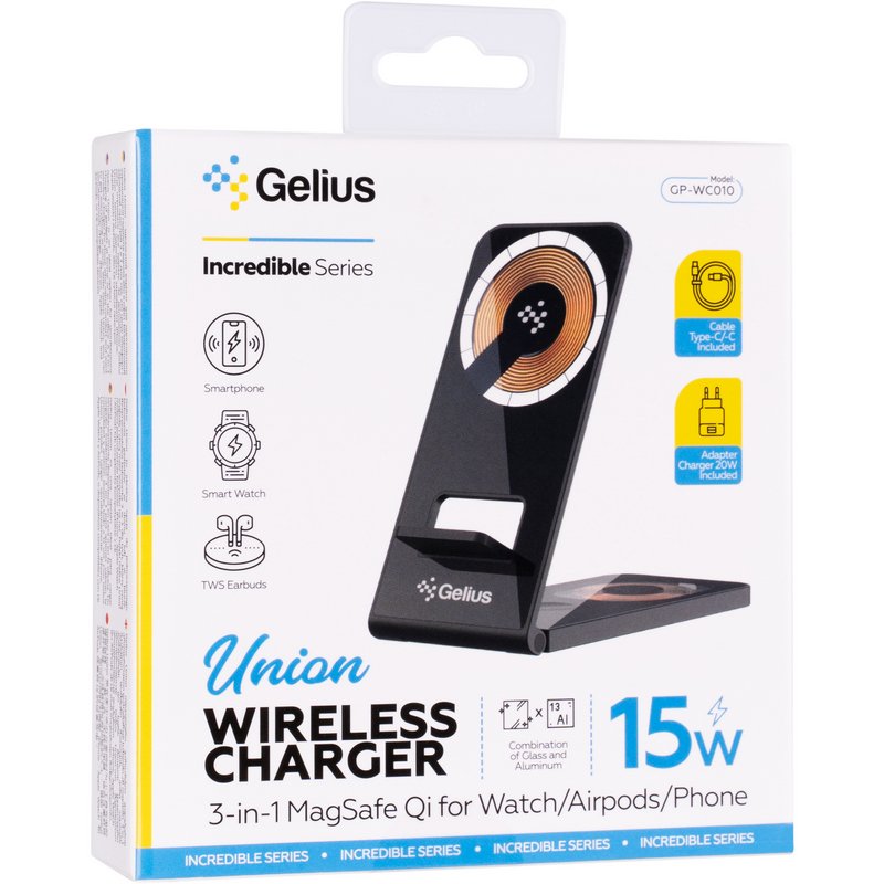 Бездротовий зарядний пристрій Gelius Union 3 в 1 GP-WC010 15W (Incredible series) Black