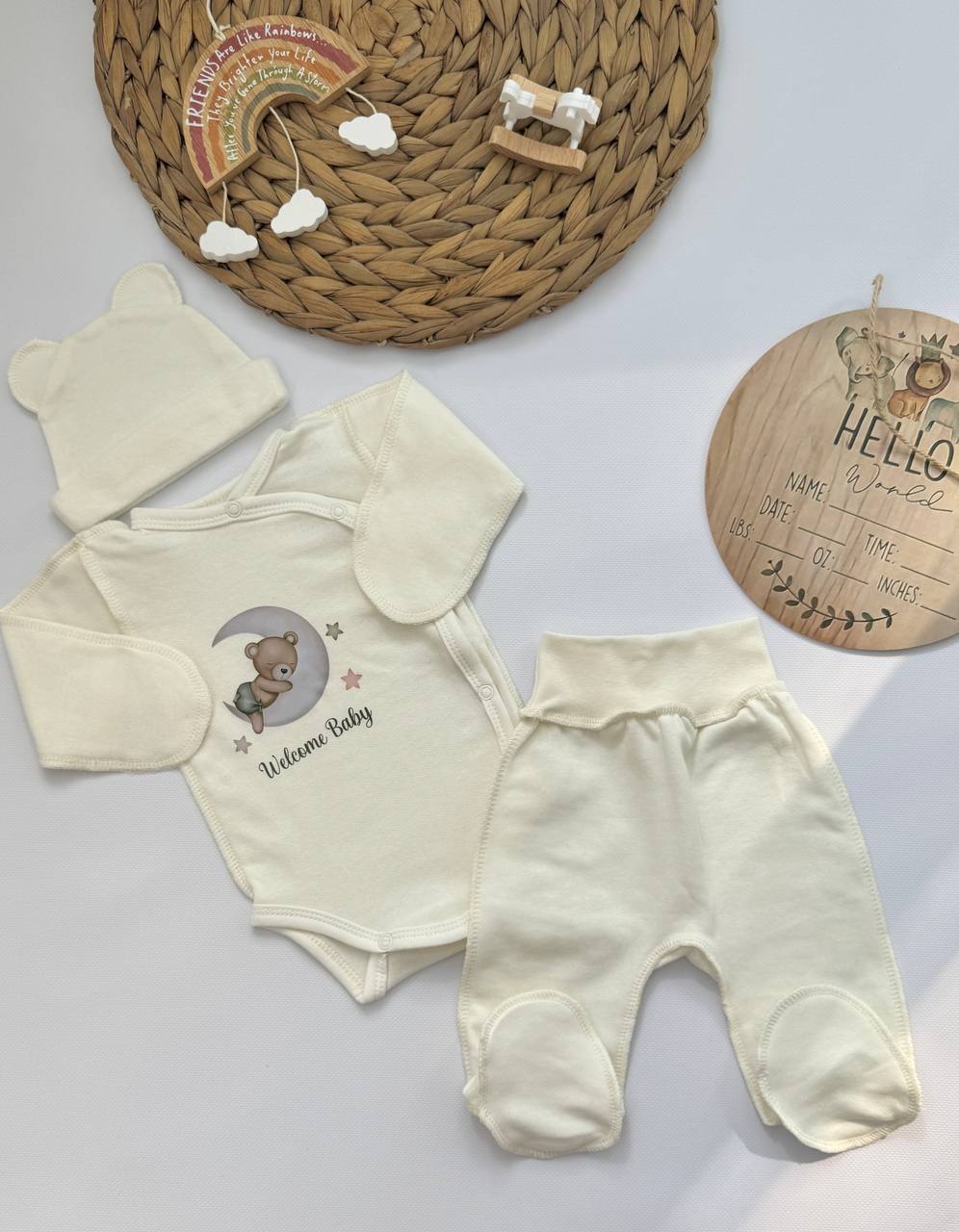 Теплий комплект для новонародженого малюка : боді + повзунки + шапочка