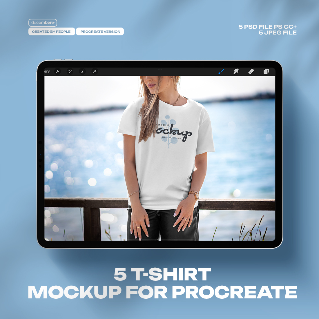 5 Mockups T-Shirt on a Girl in the Outdoor for Procreate on the iPad