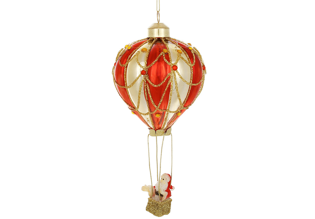Ялинкова скляна прикраса Санта на повітряній кулі 7.5*14.5 см, колір - золото з червоним 115-248