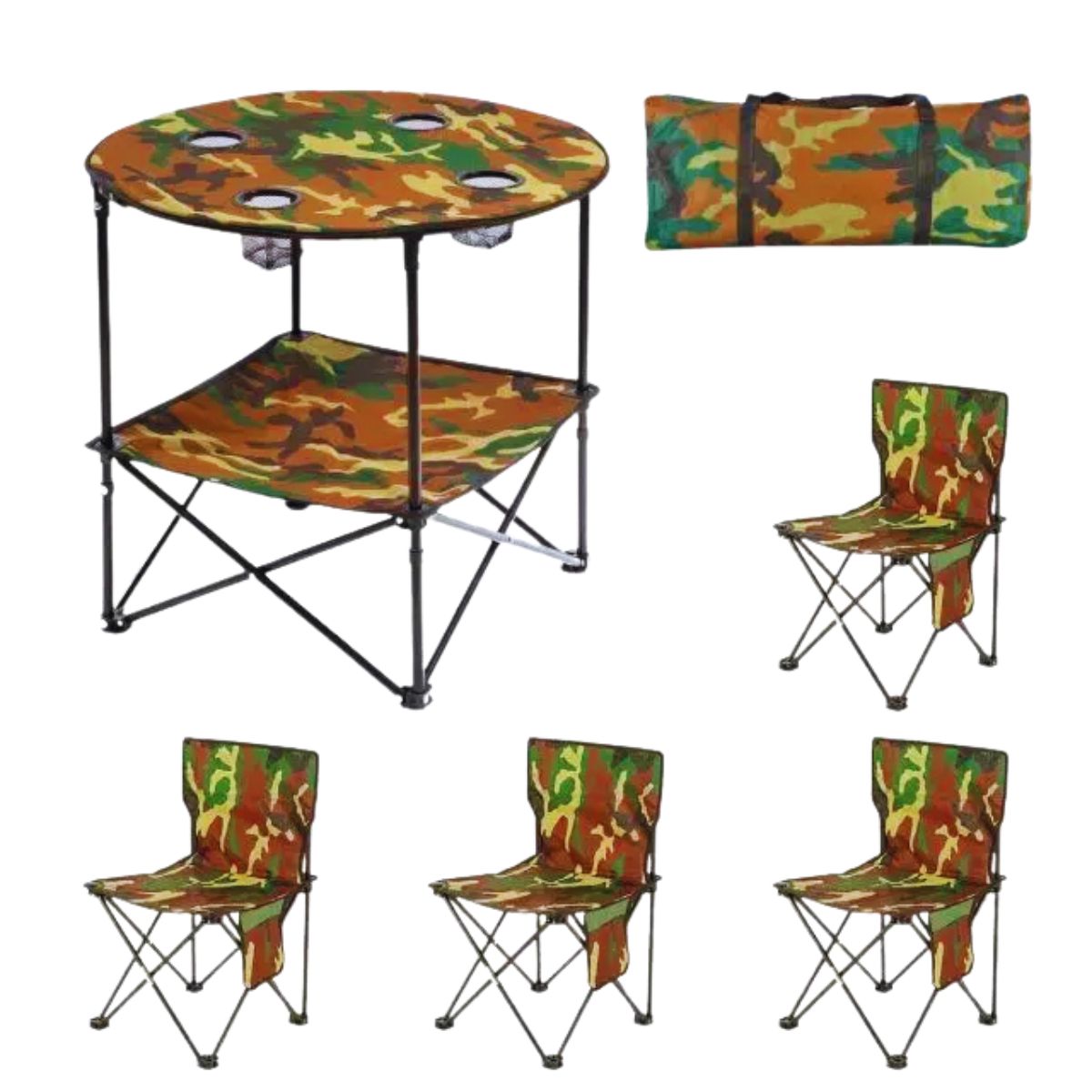 Розкладний набір для пікніка Grand Picnic GP4264: круглий стіл з 4 підстаканниками та 4 стільці (Камуфляж)