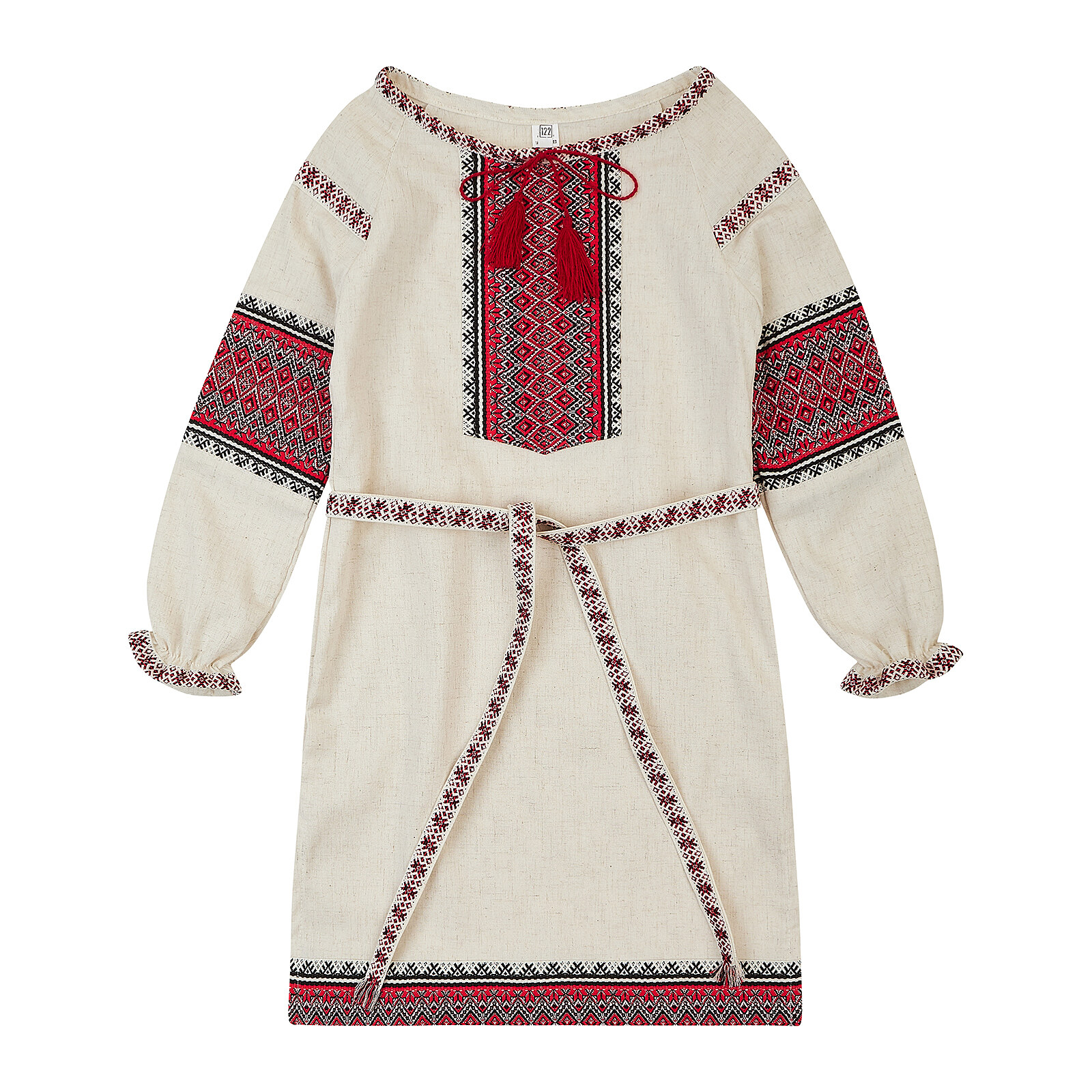 Сукня для дівчинки з червоним орнаментом бежевий льон