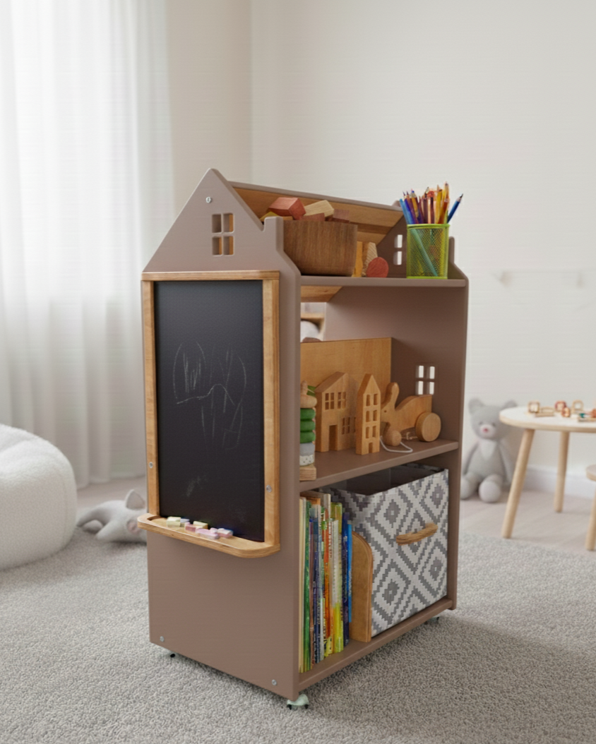 Дитячий стелаж дизайнерський Монтессорі для іграшок та книжок дерев'яний з грифельною дошкою на коліщатках Хмарочос - Мокко/лаковий