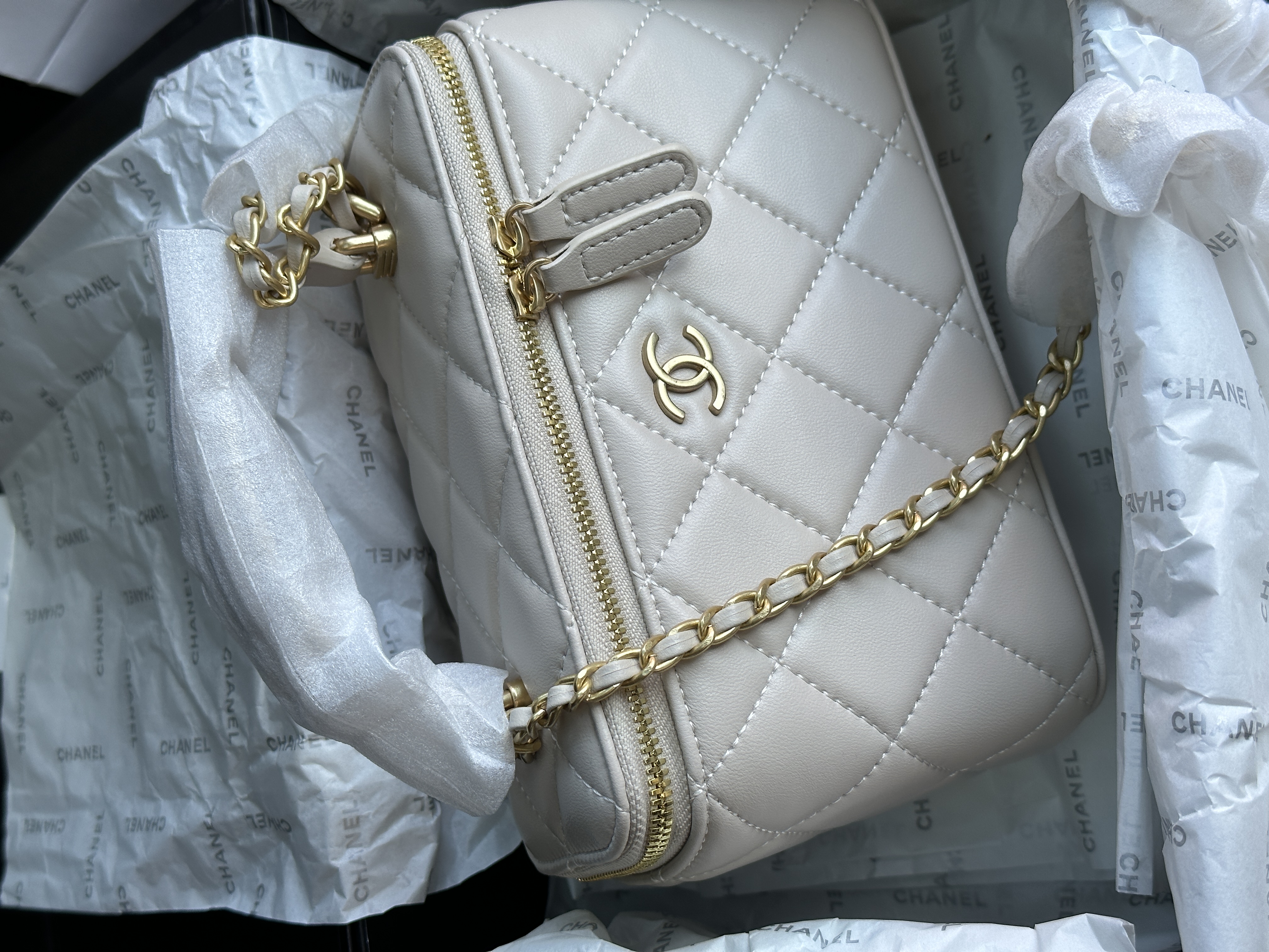 Chanel Classic Beige Lambskin Pearl Crush Vanity Bag