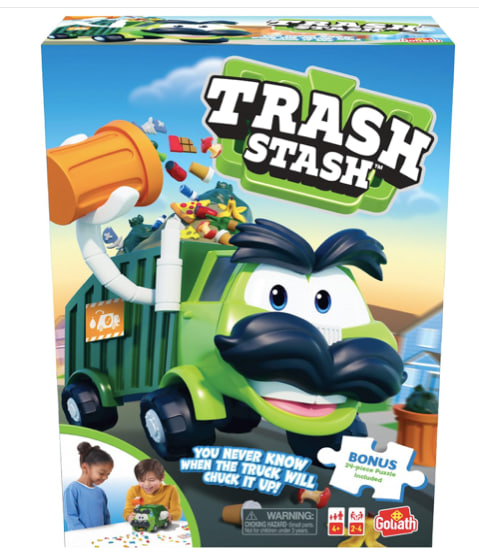 Goliath Trash Stash Game w/ 24pc Puzzle - Fill Trashcan, Watch It Dump Into Garbage Truck Or Truck Chucks It Up - Includes 24-Piece Puzzle