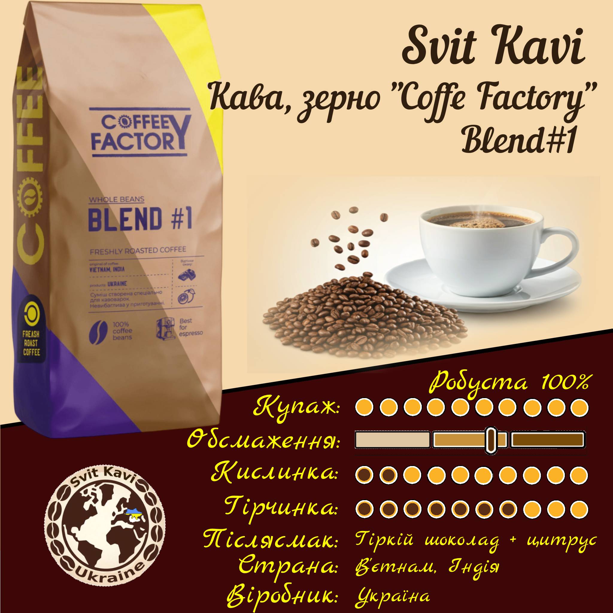 Зернова кава Coffe Factory Blend #1, Робуста 100%, Україна, пачка 1кг.