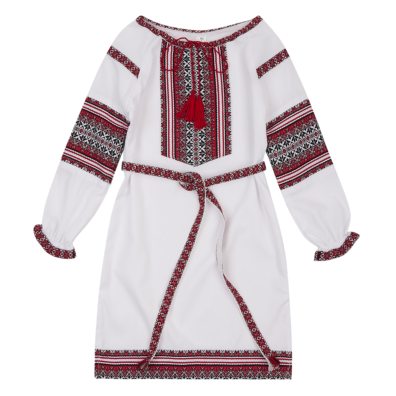 Сукня для дівчинки з червоним орнаментом білий льон