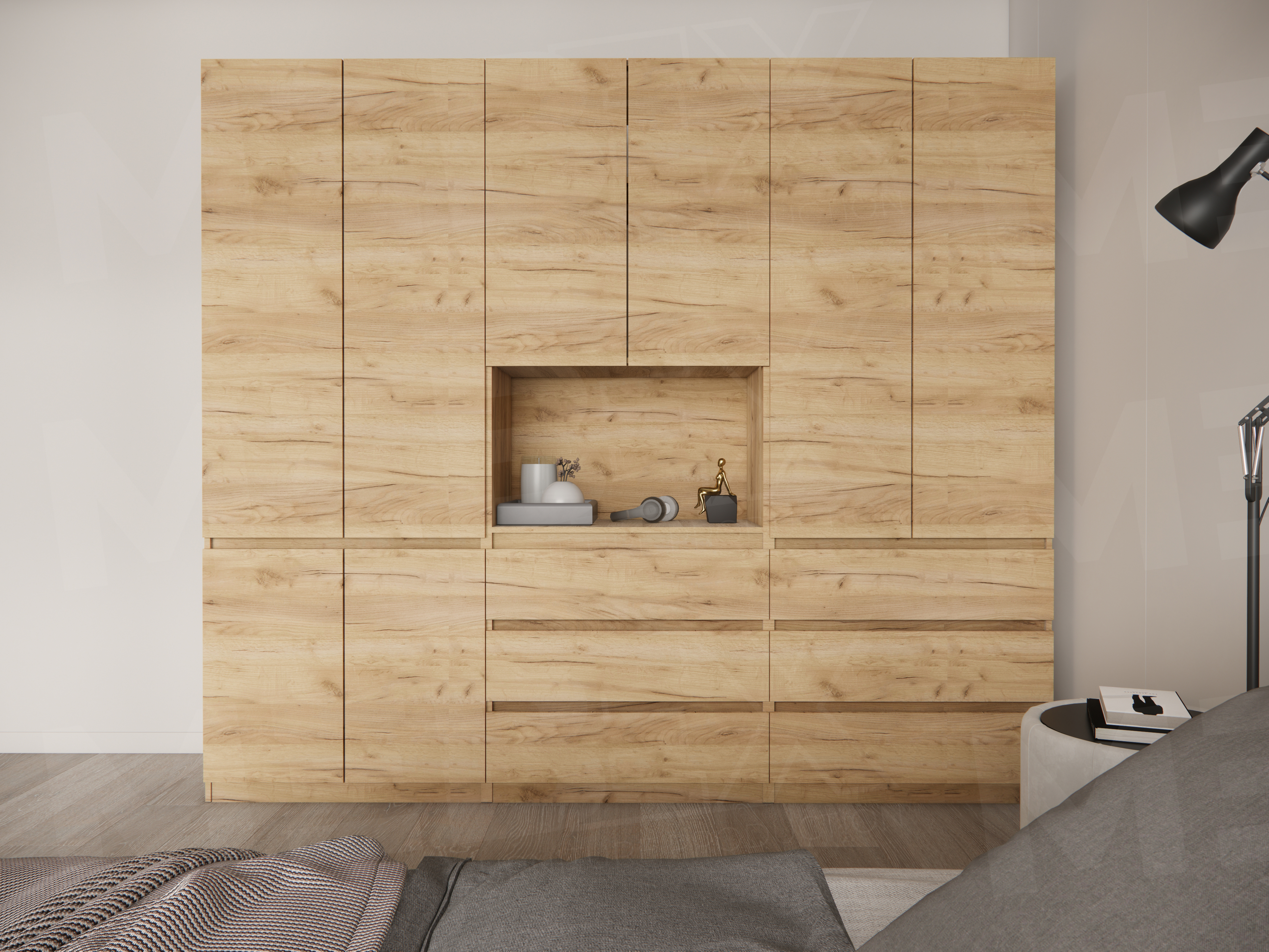 Велика шафа зі штангою для одягу, полицями, нішею та шухлядами