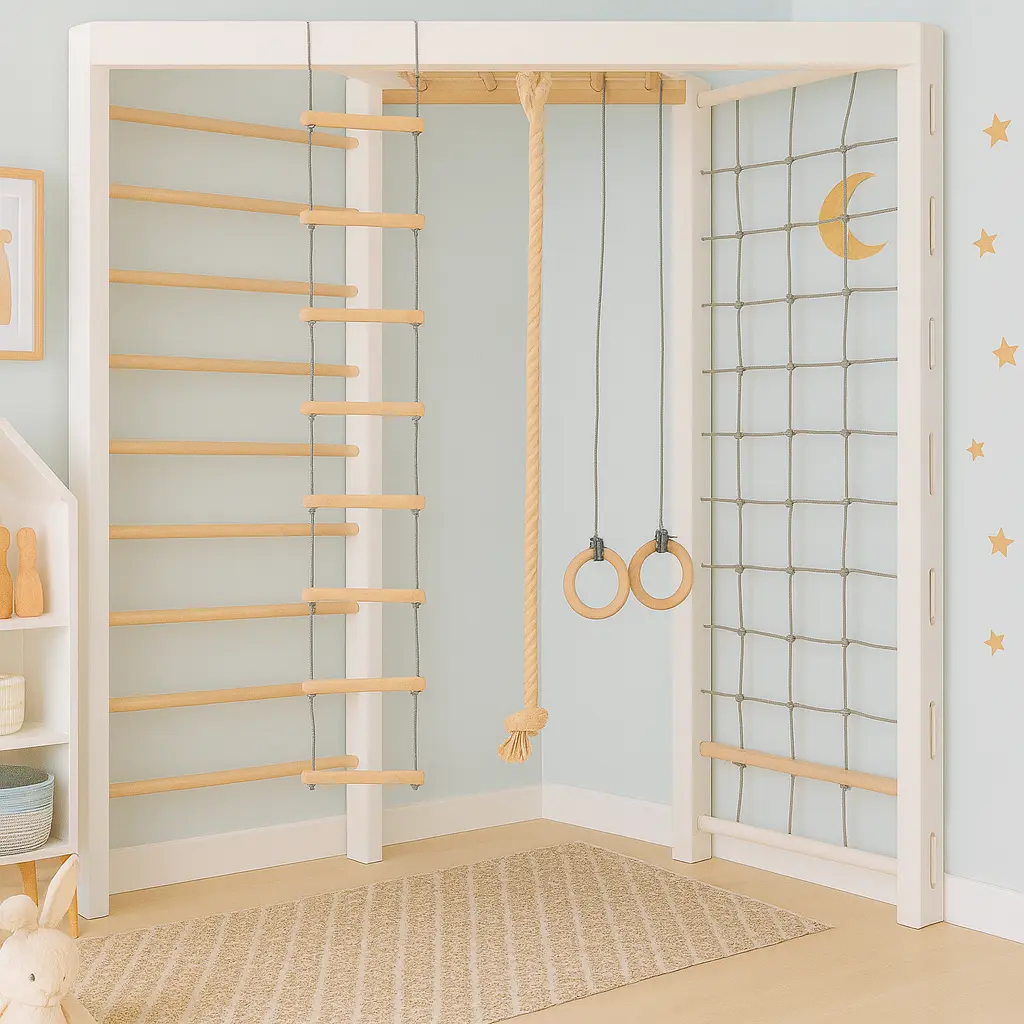 Theo – XL Corner Kletterwand & 2-seitiges Indoor-Kletterset Weiß-Natur