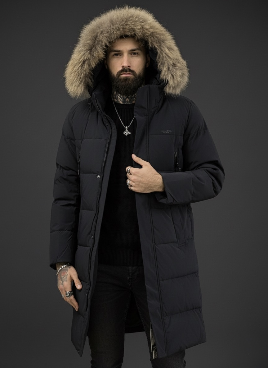 Подовжена чоловіча зимова куртка з натуральним хутром лисиці black