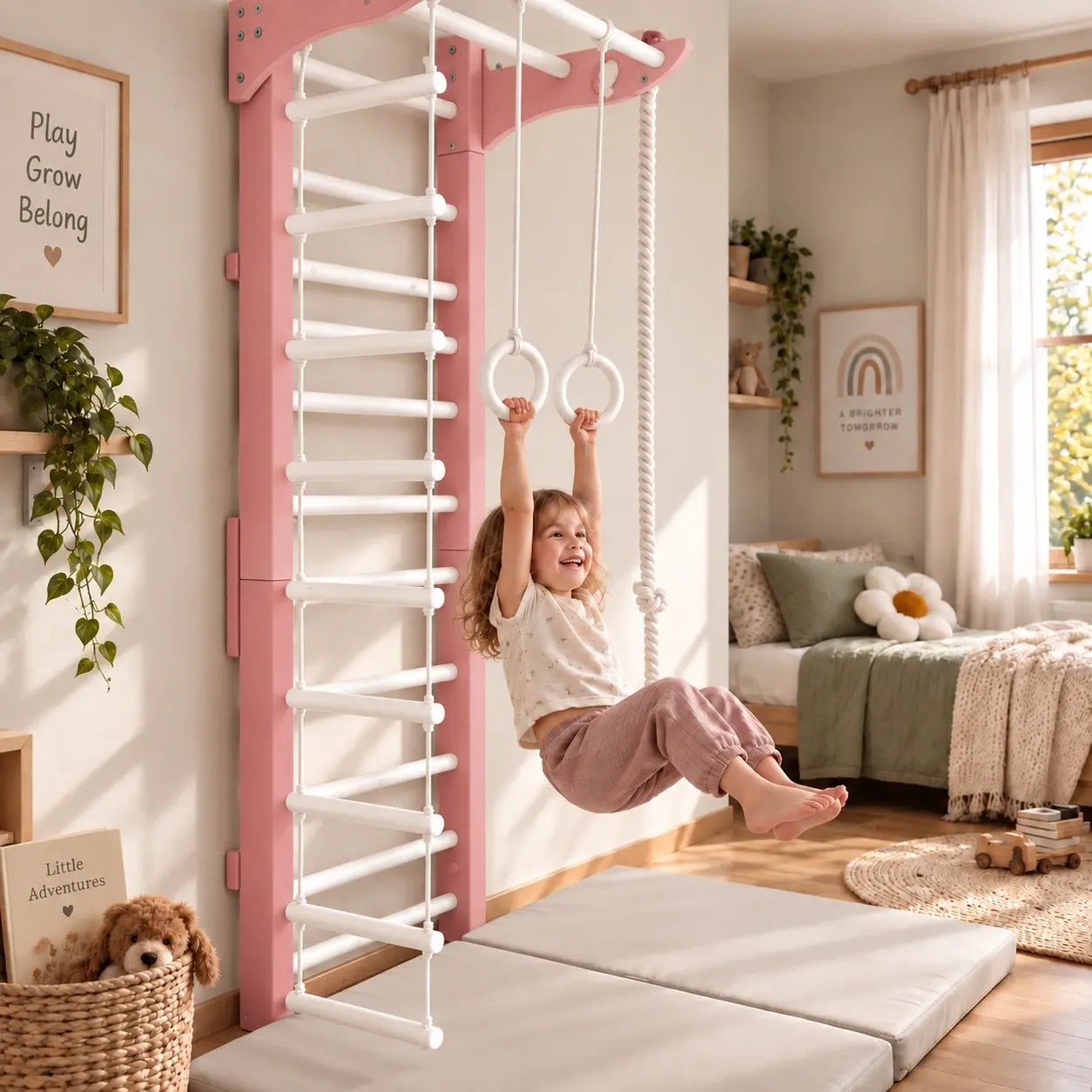 Leni Abenteuerwand Rosé für Kinder – Indoor Kletterturm aus Holz mit Seil & Leiter