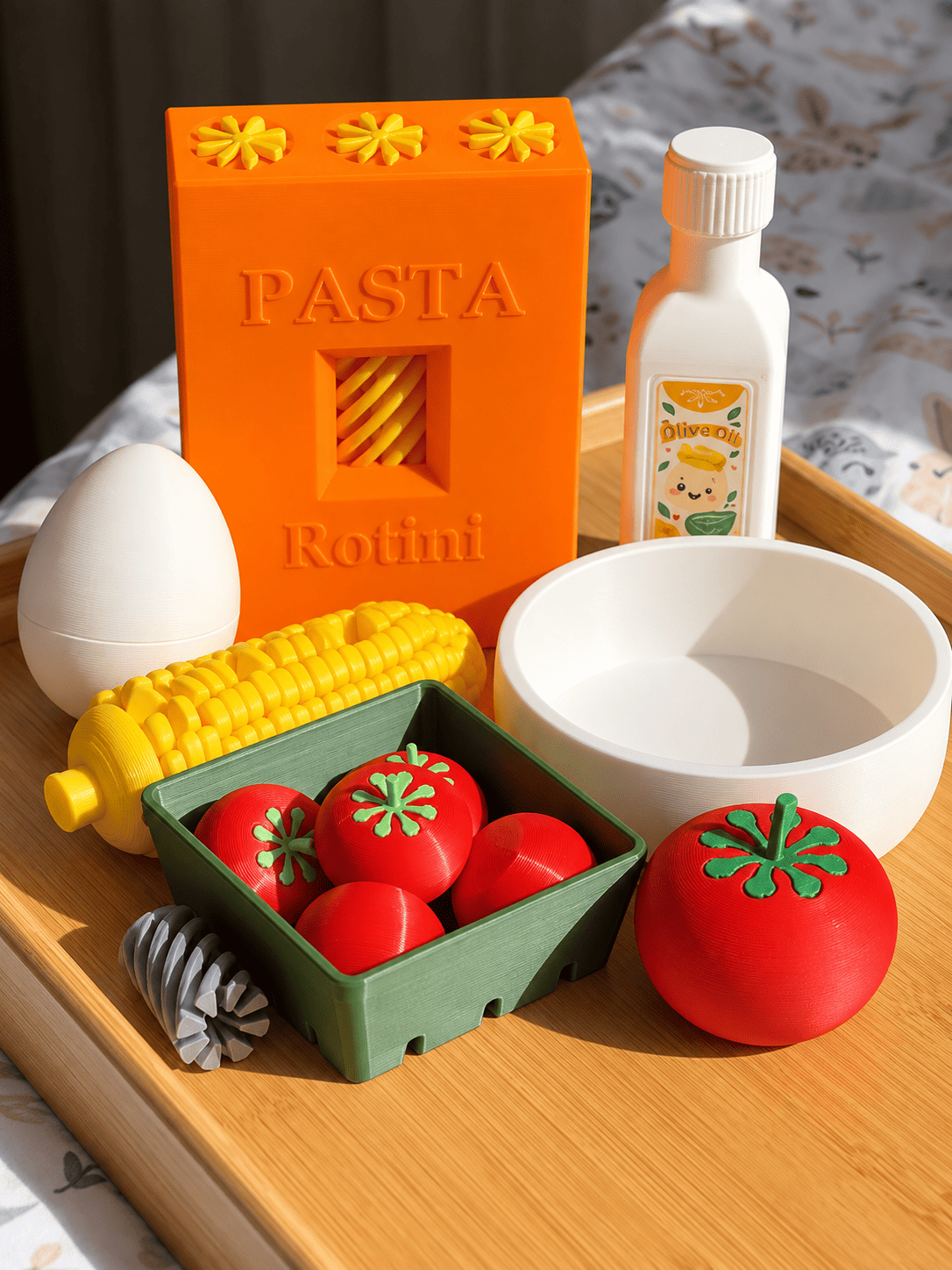 Набір іграшкових продуктів для дитячої кухні (макарошки, кукурудза, майонез, яйце, помідоки, помідорки)