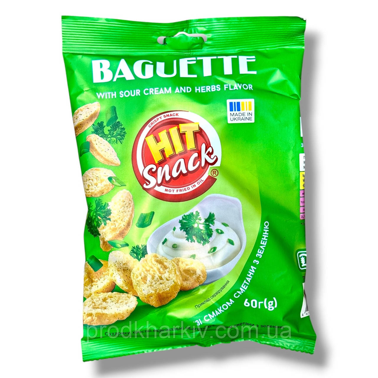 Сухарики багет Hit Snack «Сметана Зелень» 60 г, хрусткі грінки зі смаком сиру Хіт Снек
