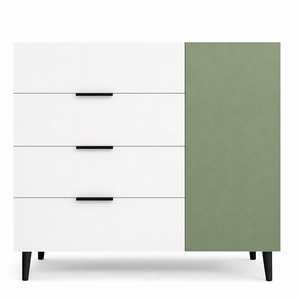 Комод з чотирма шухлядами та одними дверцятами з внутрішніми полицями на ніжках