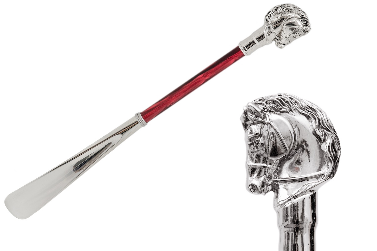 Срібний ріжок для взуття Pasotti «Кінь» з червоним держаком