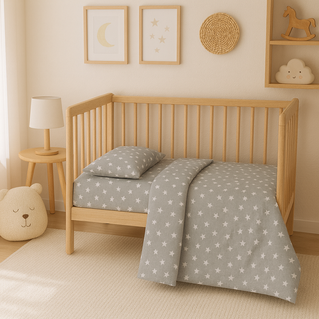 Дитяча постільна білизна ранфорс прінт  "Білі зірки на світло сірому"