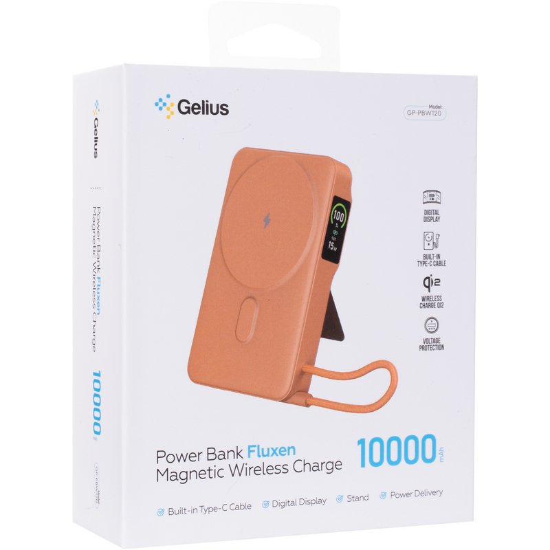 Повербанк з бездротовою зарядкою Gelius Fluxen GP-PBW120 Magnetic Wireless Charge Qi2 15W 10000mAh Orange