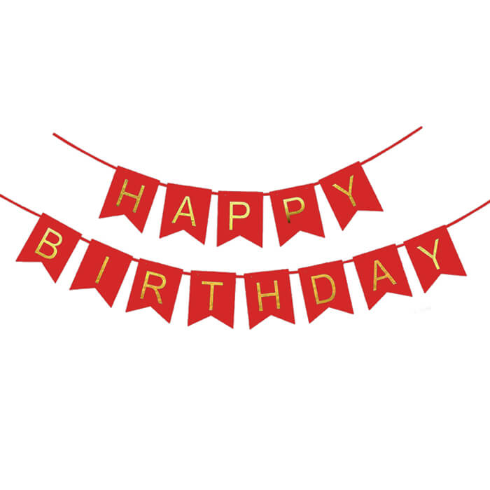 Червоні прапорці із золотими дзеркальними літерами Happy birthday