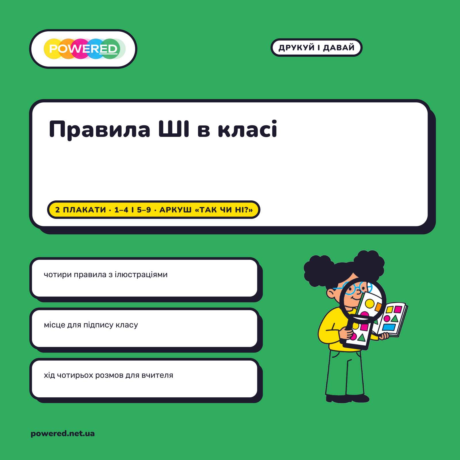 Правила ШІ в класі: плакати для 1-4 і 5-9 класу + аркуш «Так чи ні?»