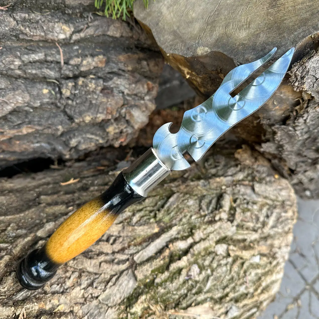 Вилка з дерев'яною ручкою для зняття м'яса 280х2мм двокольорова