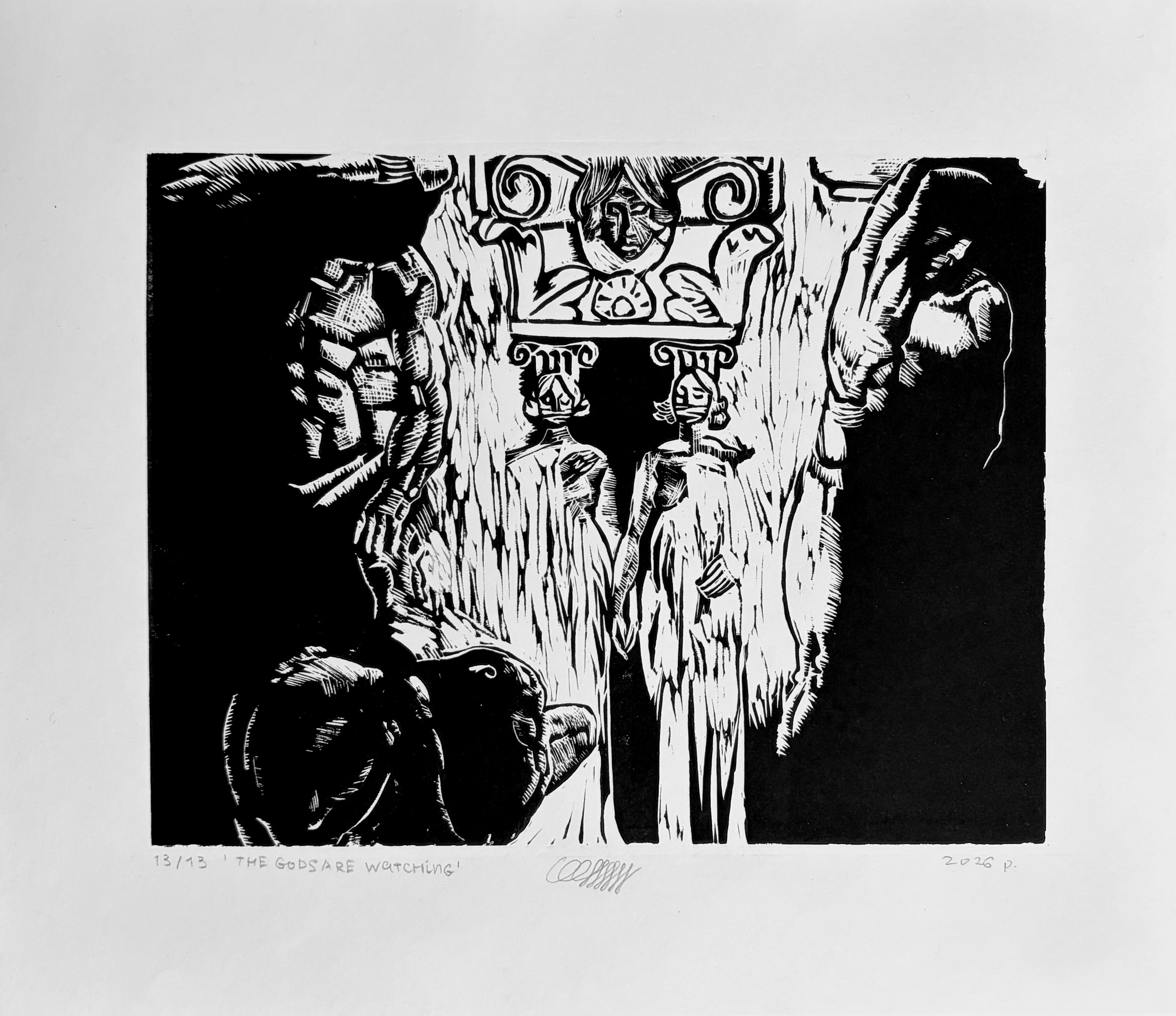 Linocut `The Gods Are Watching (Black)`