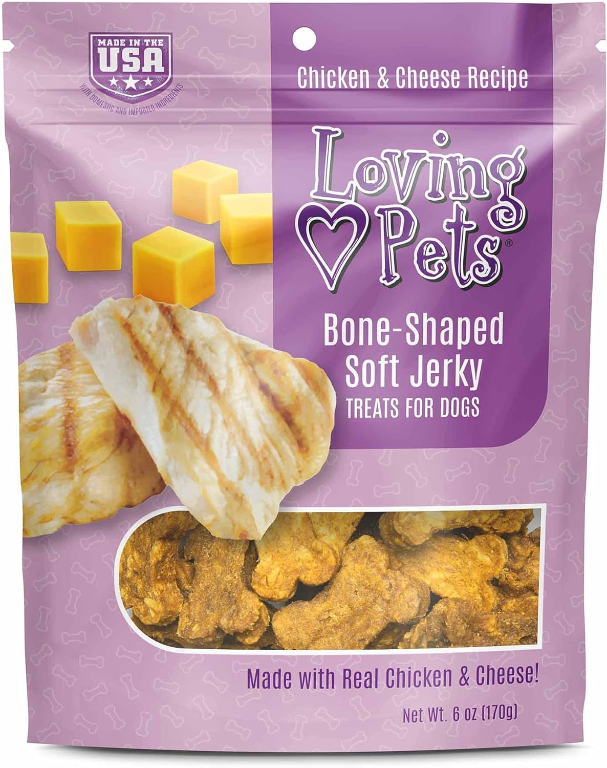 Loving Pets - Soft Chew Jerky (Bone-Shaped, Chicken & Cheese Recipe) USA Made Dog Treats