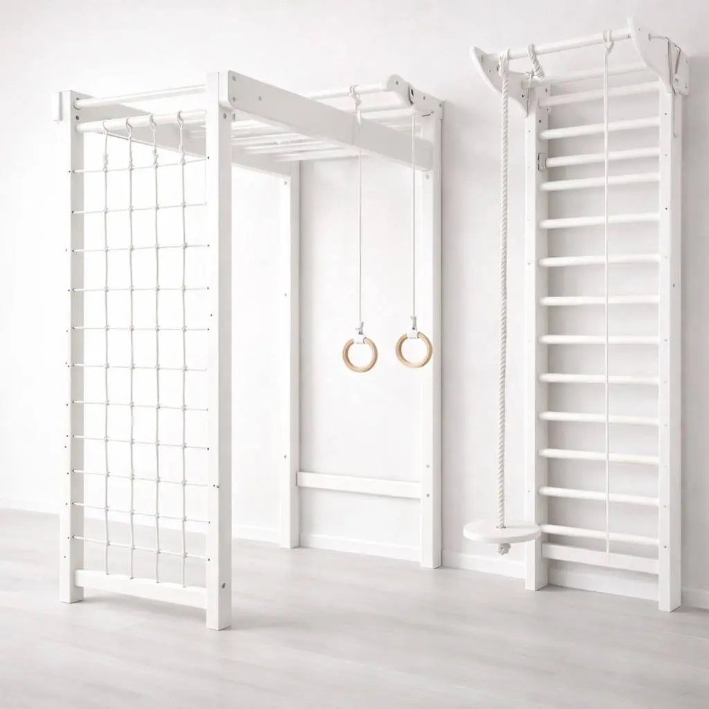 Max PRO – Weiße Multifunktions-Kletterwand für Kinder mit Ringen & Seilleiter