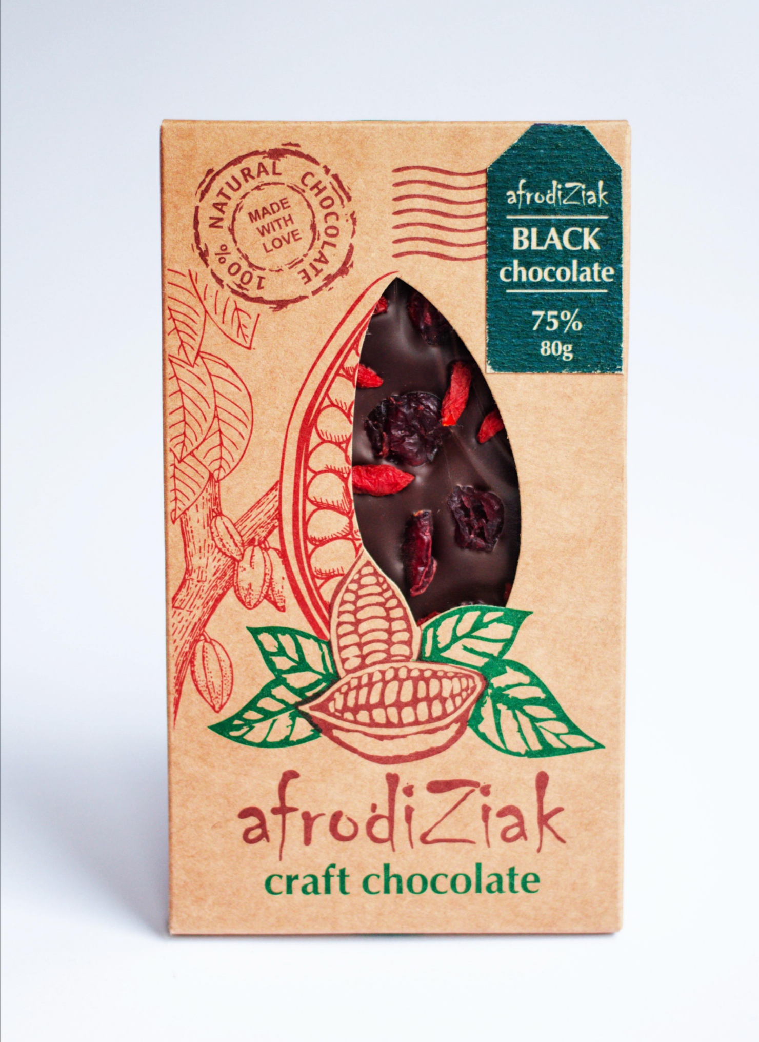 Темний Шоколад 75 % з журавлиною та ягодами годжі. ТМ Afrodiziak