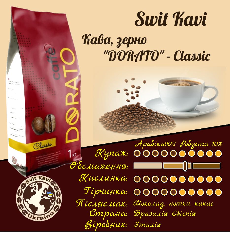 Зернова кава DORATO Classic 50% Арабіка+50%Робуста, Італія, пачка 1кг