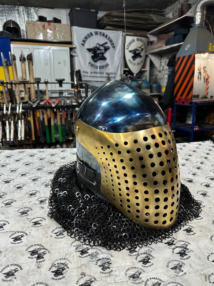 Armored helmet “sieve” brass visor and blue dome