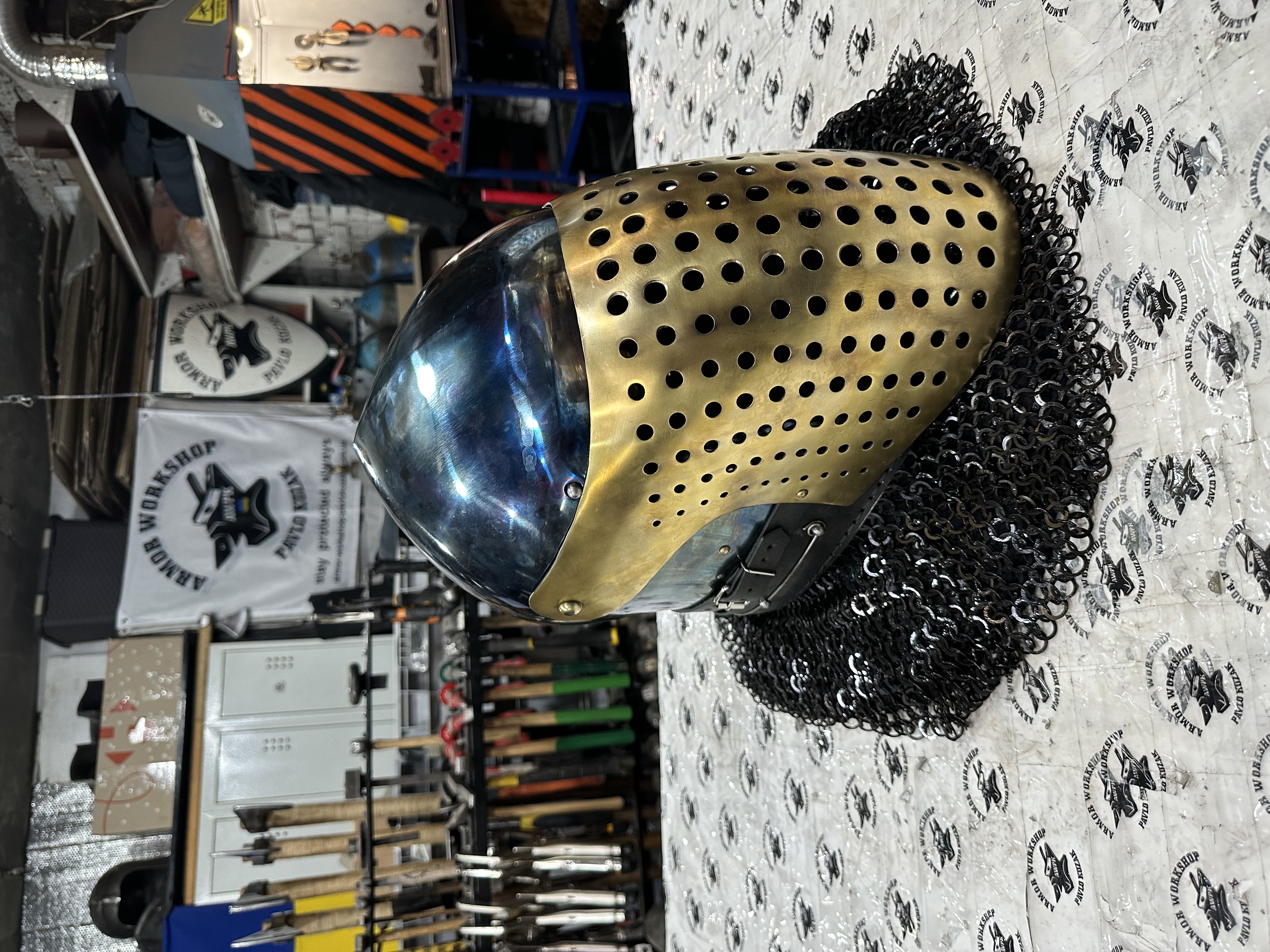 Armored helmet “sieve” brass visor and blue dome