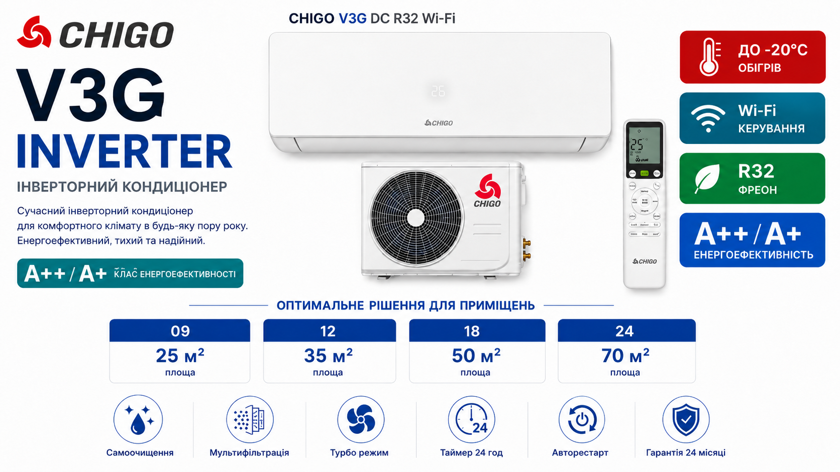 Кондиціонер Chigo CS-70V3G-G3B02A DC R32 Wi-Fi до 70 м²