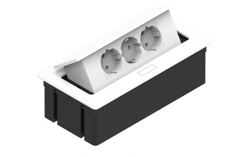 Врізний блок на 3 розетки, блок врізний на 3 розетки з підйомною кришкою білий