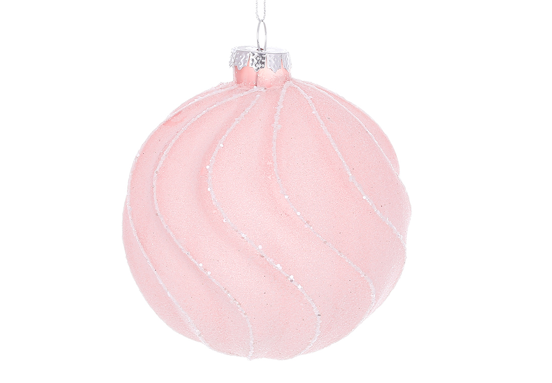 Ялинкова куля крученої форми з цукровим покриттям та гліттерним декором 10см, колір - блідо-рожевий 115-151