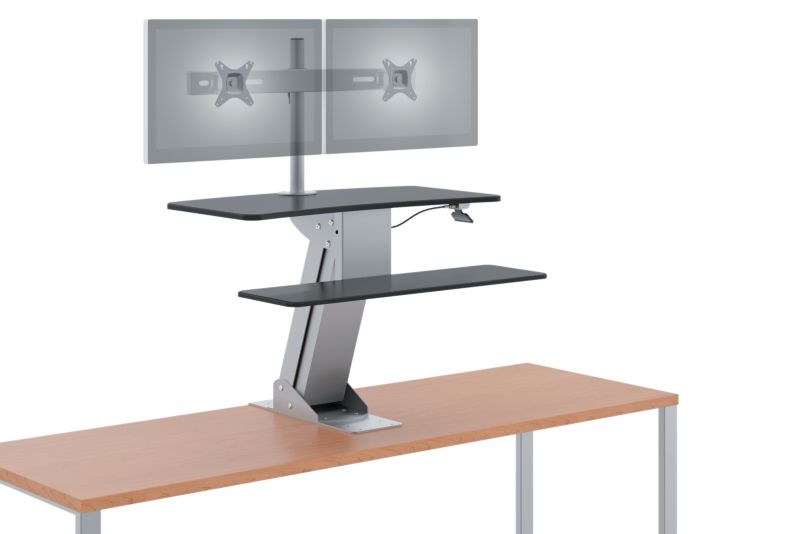 HON Directional Sit to Stand Desktop with Dual Monitor Arm, Silver/Black