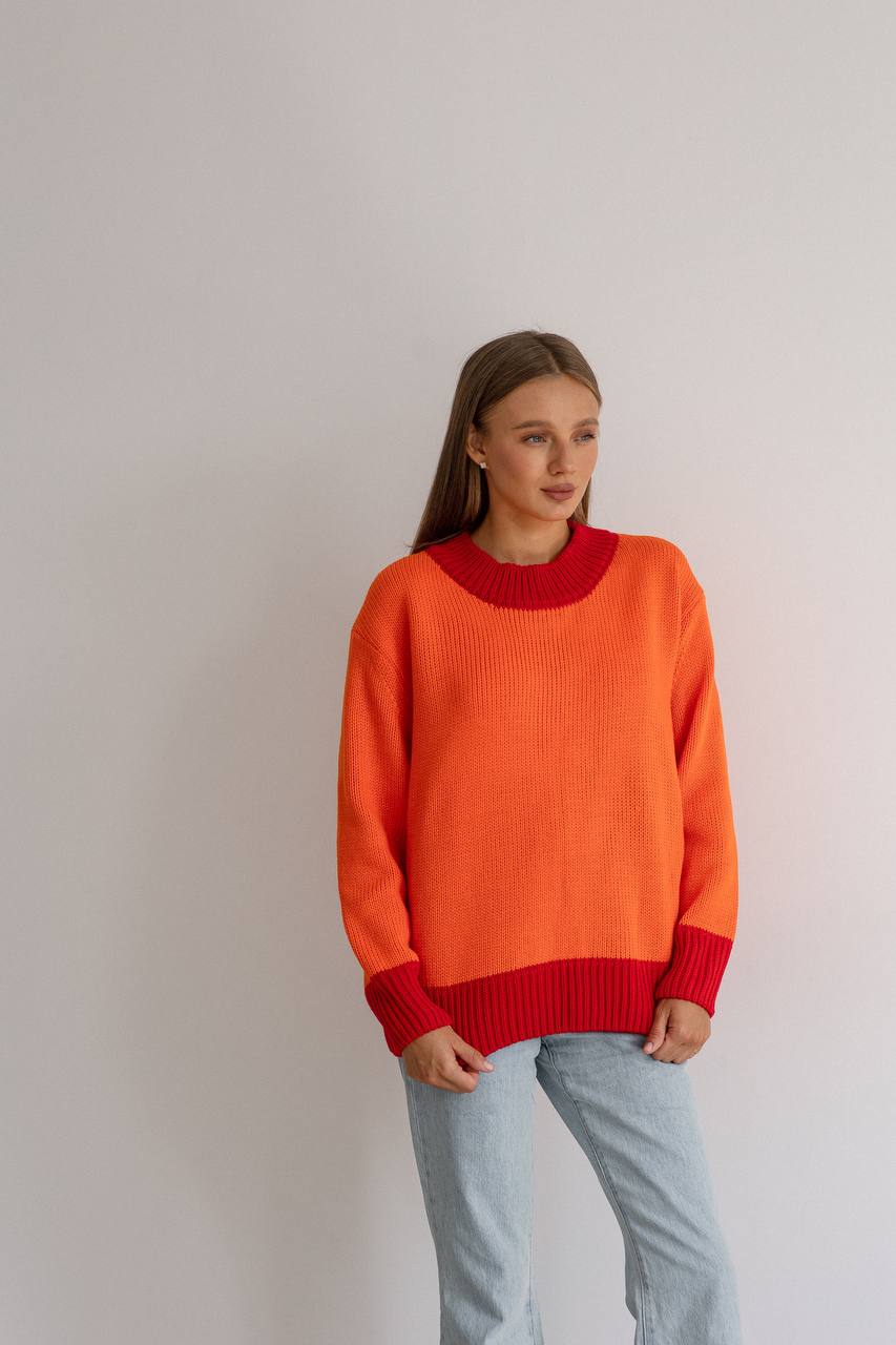 В'язаний светр оверсайз двохколірний "Галатея" - Оранжево-червоний IWOMAN