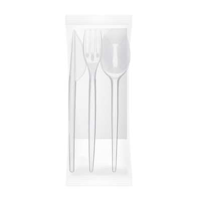Набір приладів прозорий №12 (ложка + виделка + ніж + серветка) в індивідуальній упаковці, упаковка 50 шт.