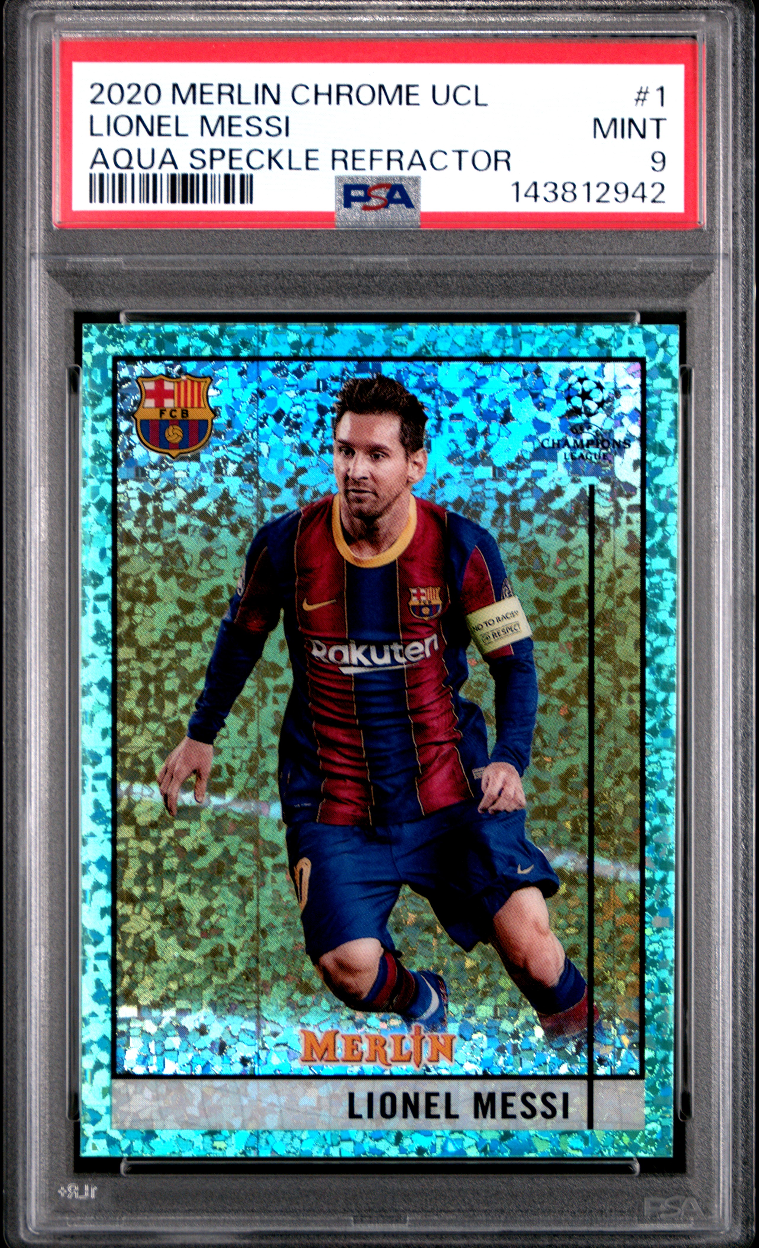 2020 TOPPS MERLIN CHROME UEFA CHAMPIONS LEAGUE #1 LIONEL MESSI AQUA SPECKLE REFRACTOR 14/175
