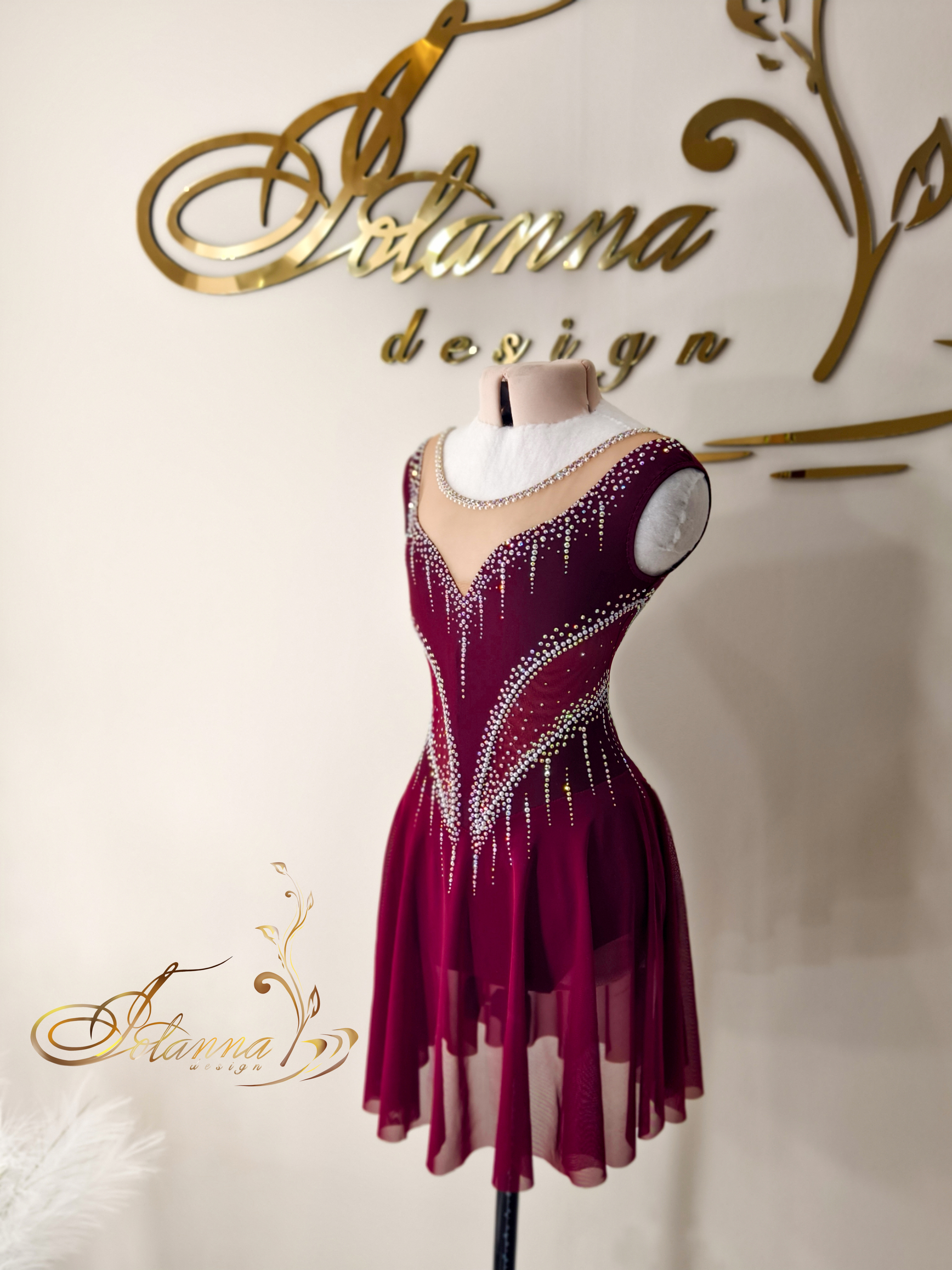 Burgundy Rhythmic Gymnastics Dress with Rhinestones, Figure Skating Competition Leotard