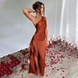 Sexy One Shoulder Satin Slit Dress For Women | Elegant Slim Fit Dress