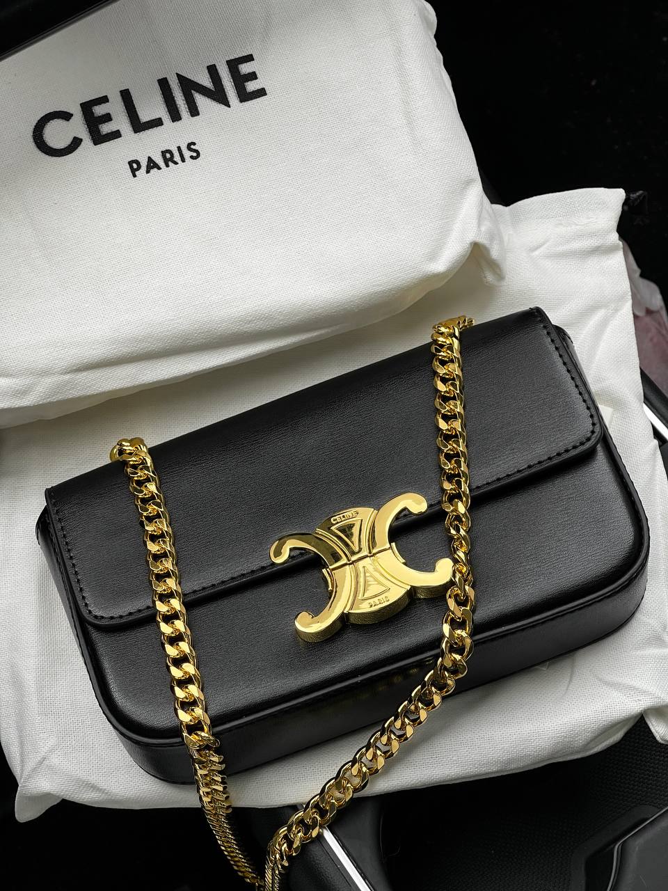 Celine Chain Shoulder Bag Claude In Shiny Calfskin Black/ Gold