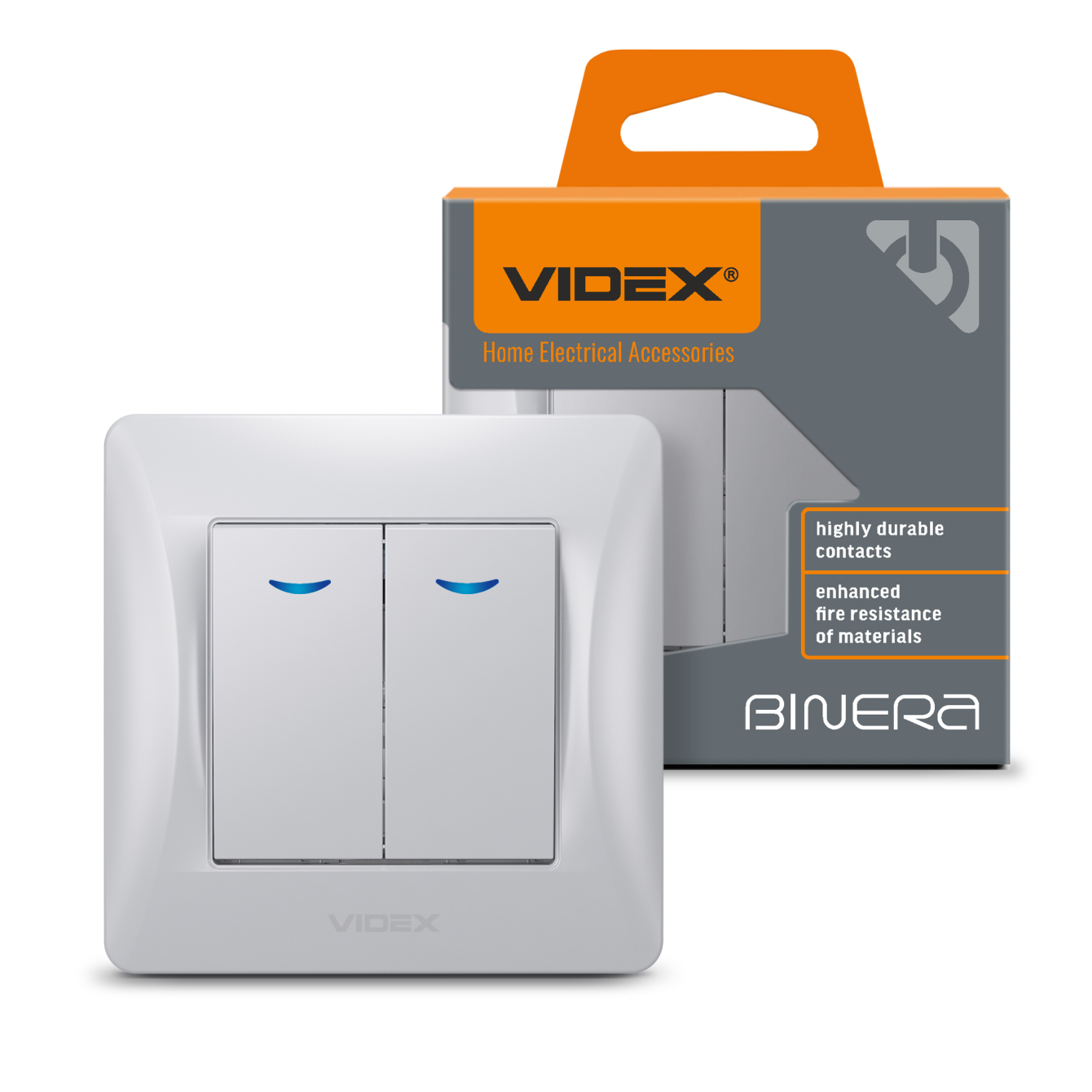 Вимикач двоклавішний з підсвіткою VIDEX BINERA, срібний шовк