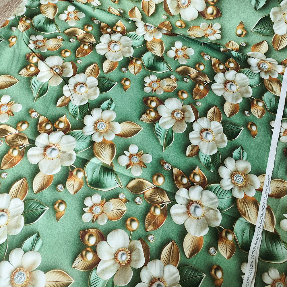 Тканина Ранфорс Digital print - Фіалка з перлинами на зеленому