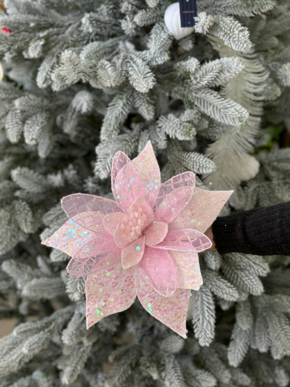 Декоративна квітка Пуансетія з глітером та паєтками 33 см, ніжка 50 см				y