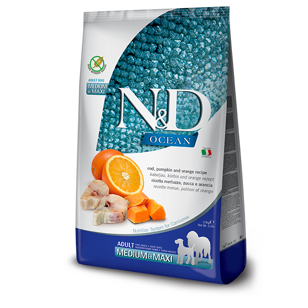 Фарміна дог сух N&D Grain Free OCEAN COD, PUMPKIN & ORANGE ADULT MEDIUM & MAXI з тріскою та апельсином, 2,5 kg 36551