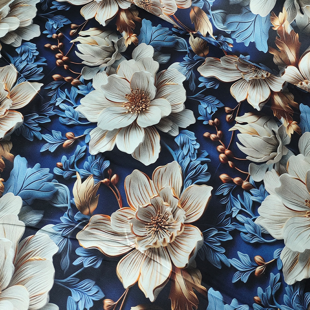 Тканина Ранфорс Digital print - Золотисто-біла квітка на синьому