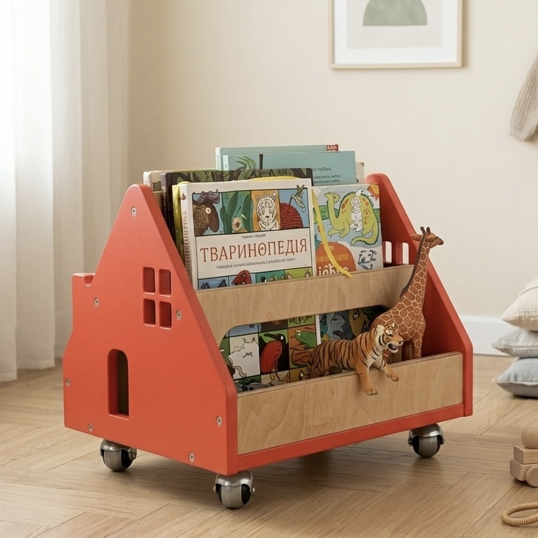 Дитяча поличка дизайнерська Монтессорі для книжок дерев'яна на коліщатках Котедж - Кораловий/натуральний