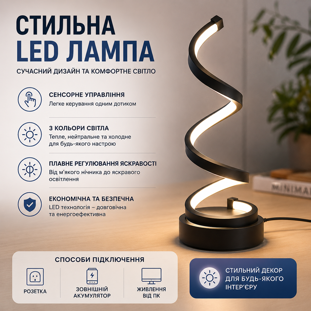 Дизайнерська LED-лампа Spiral Glow – стильне освітлення для вашого простору