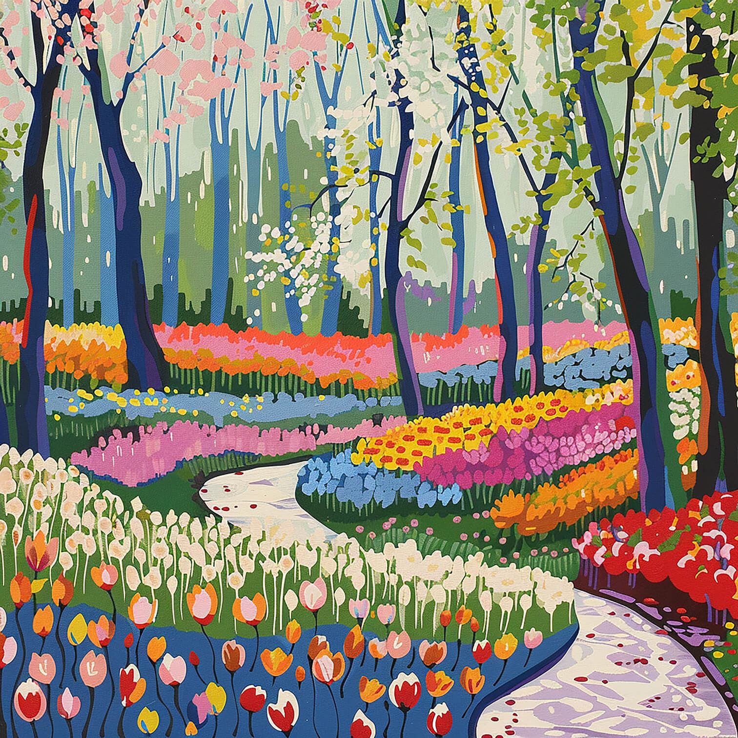 Tulip park, 80x80 cm, original acrylic painting on canvas